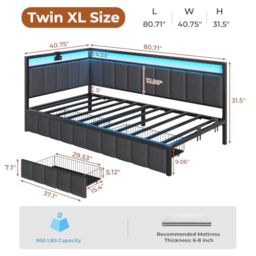 DICTAC Corner Full Bed Frame with 2 Storage Drawers and Charging Station Full Size Platform Bed Frame with Led Lights and Upholstered Guardrail