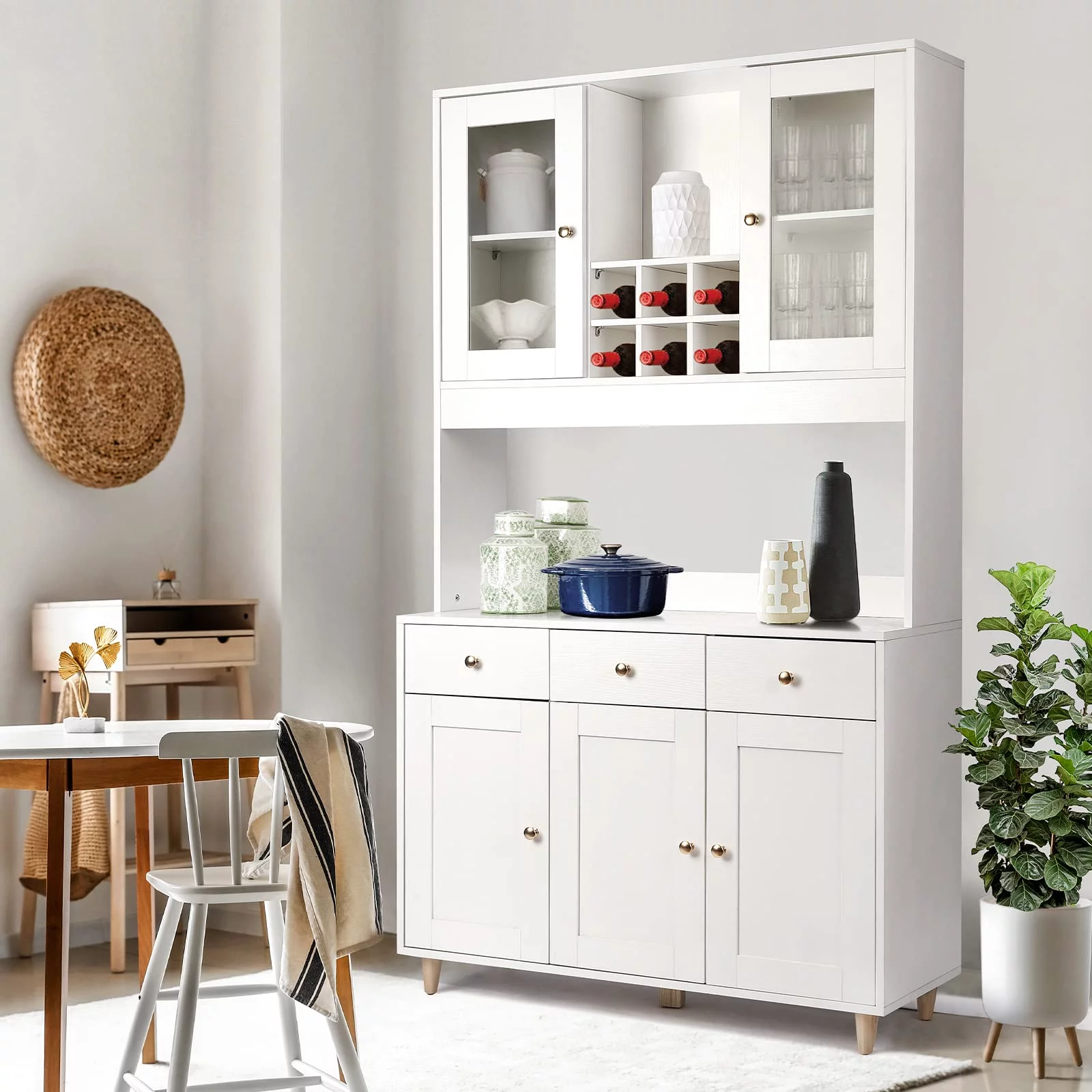 RichYa 71.2" Kitchen Pantry Cabinet Freestanding Large Storage Microwave Wine Cabinets White