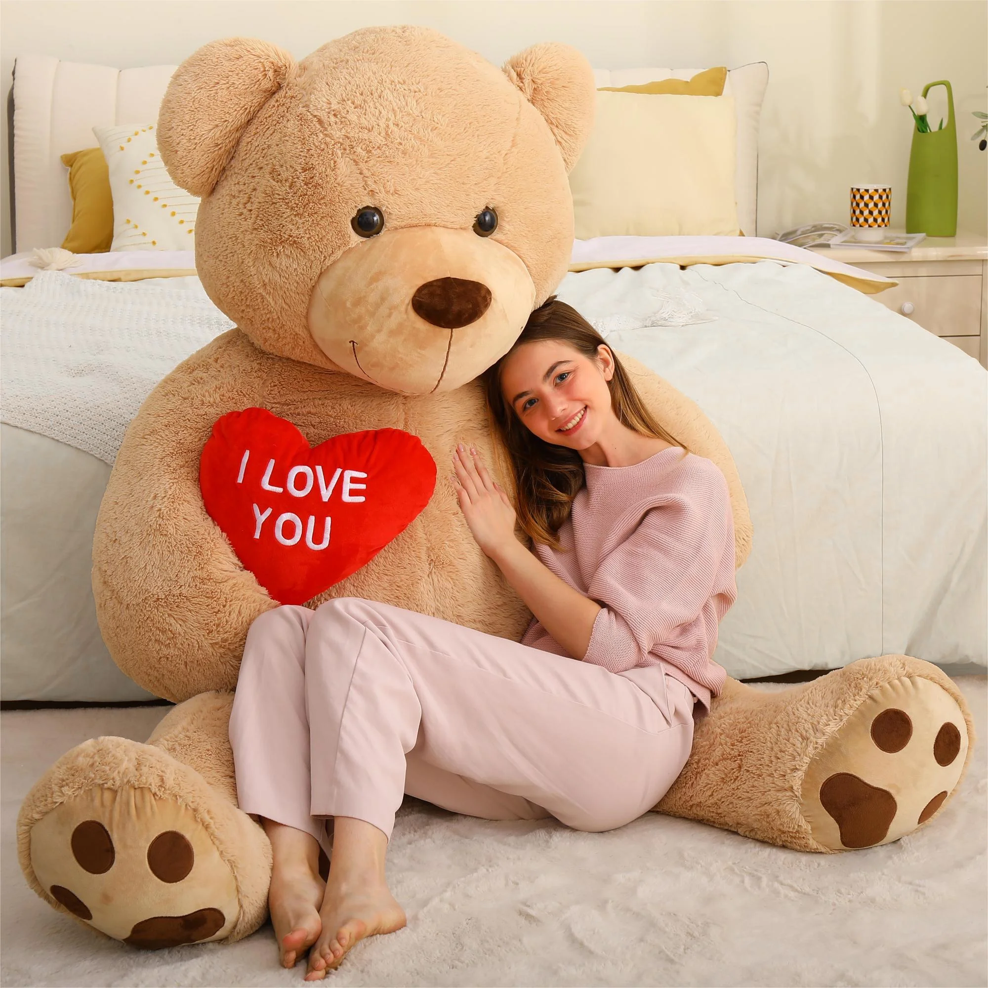 MorisMos Brown Giant Teddy Bear 6ft Stuffed Animal "I Love You" Red Heart Jumbo Human Size Teddy Bear