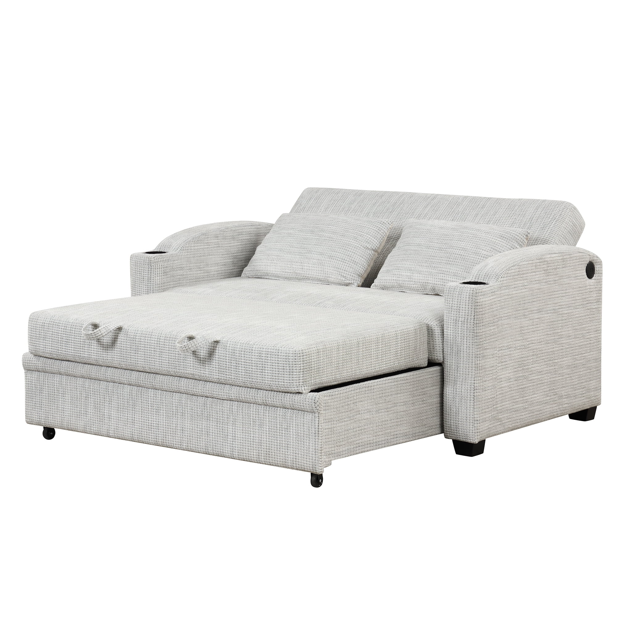 65" Pull Out Sofa Bed Modern Chenille Convertible Loveseat Sofa with Adjsutable Backrest, 2 Pillows, Cup Holders, USB Ports for Living Room