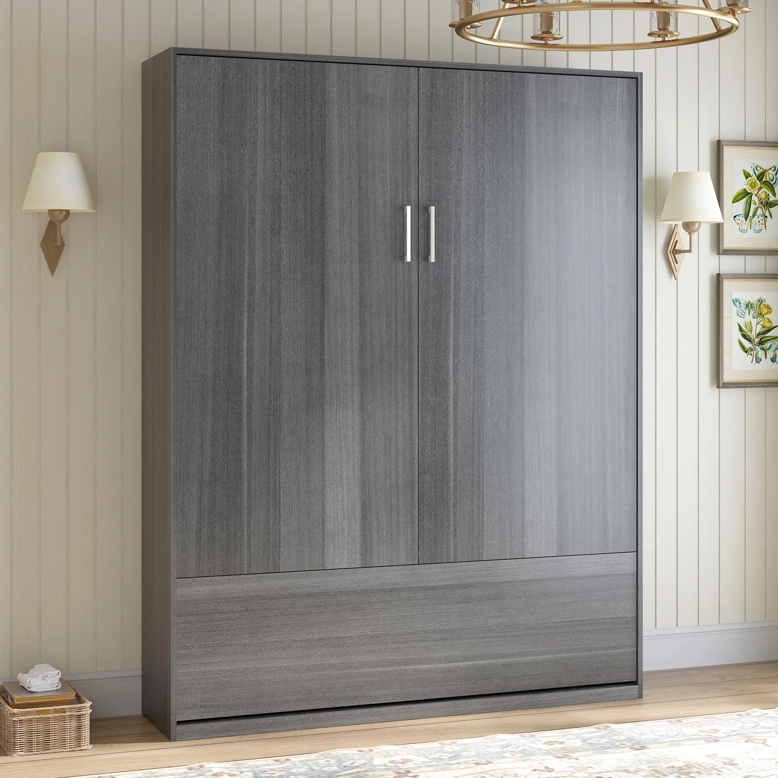 MUZZ Murphy Bed with Wardrobe, Foldable Wall Bed with Space Saving Design, Fold up Murphy Bed Cabinet for Storage