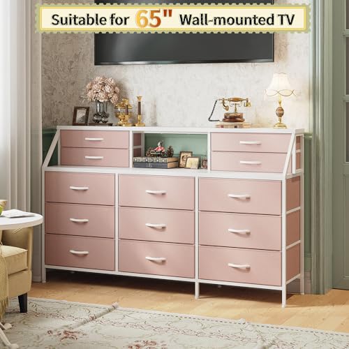 55" W Dresser for Bedroom, Dressers & Chests of Drawers with 13 Fabric Drawers and 2 Open Shelves, Long Vanity Dressers for Bedroom & Closet