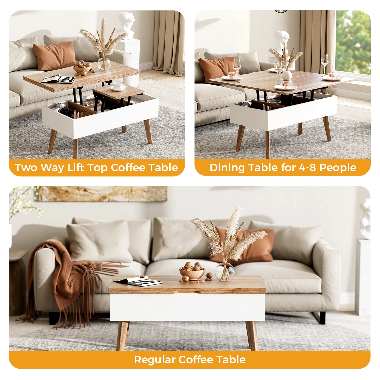 Bidiso 3 in 1 Lift Top Coffee Table, Ten Minutes Install Multifunction Coffee Table, Coffee Table Converts to Dining Table