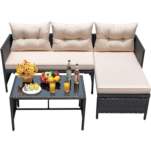 Devoko Outdoor Patio Furniture 3-Piece Rattan Waterproof Outdoor Sectional Sofa All-Weather L Shaped Patio Couch with Cushion Glass Table for Balcony