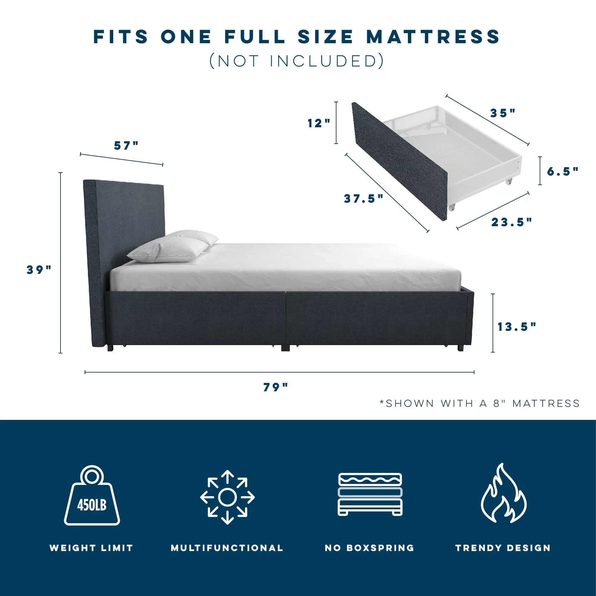 Novogratz Kelly Upholstered Storage Bed Frame, Full, Navy Blue Linen