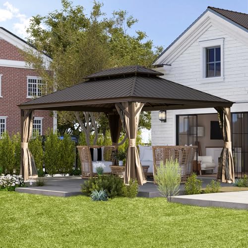 Domi 10’ x 10’ Hardtop Gazebo Metal Frame Canopy with Netting & Curtains