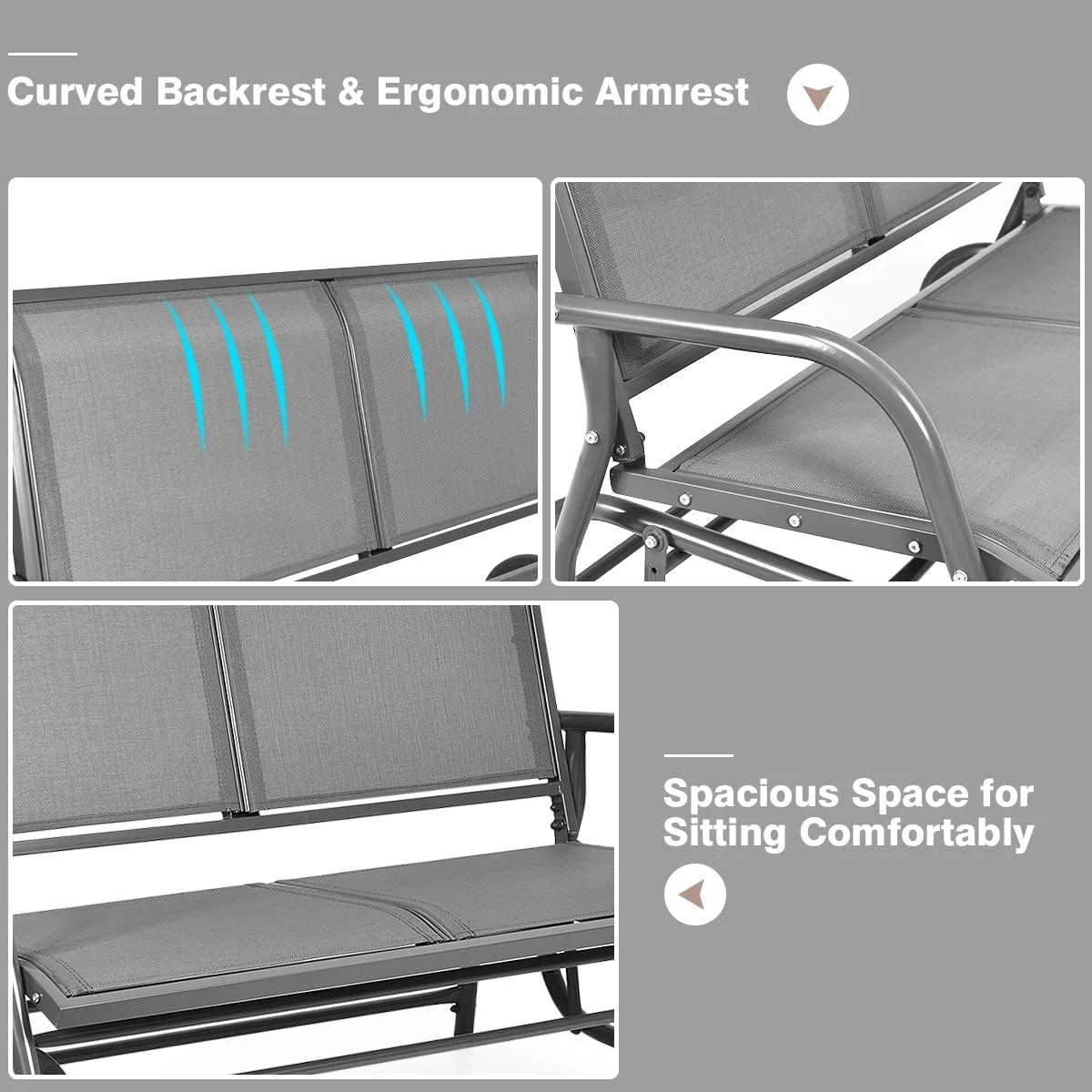 Swing Glider Chair 48 Inch with Spacious Space, 2 People Swing Lounge Glider Chair Cozy Patio Bench Outdoor & Indoor for Patio, Backyard, Poolside