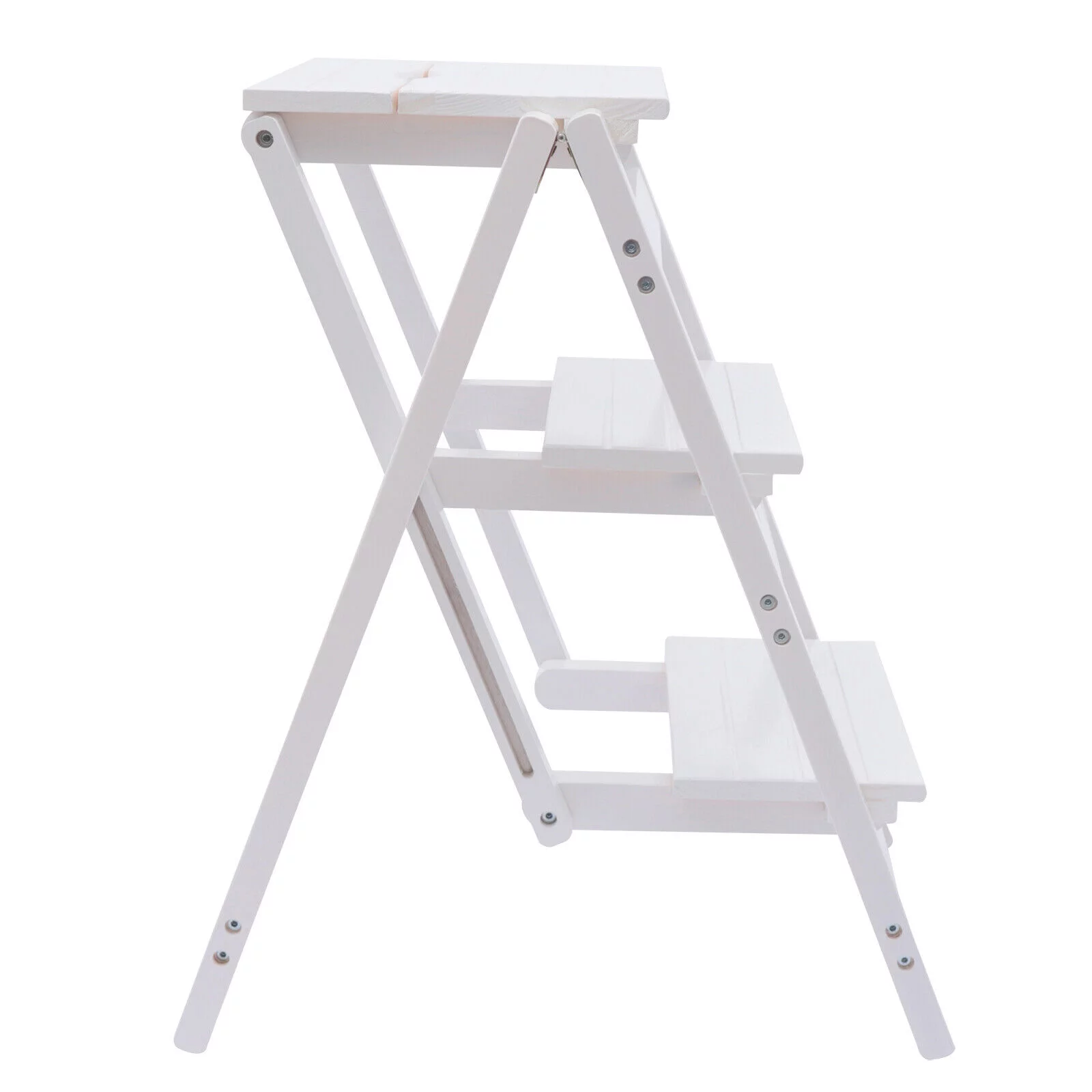 DENEST Folding Step Ladder 3-Layer Folding Wooden Step Stool Anti-Slip White 150kg