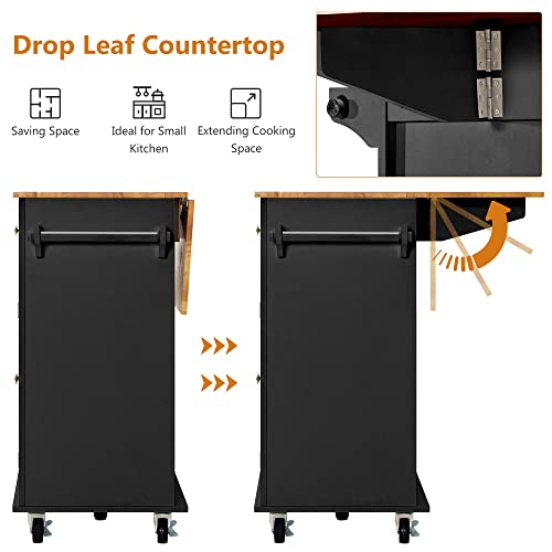Kitchen Cart with Wood Top and Drop Leaf Breakfast Bar, Rolling Mobile Kitchen Island Table on Wheels with Drawer and Storage Cabinet, Spice Rack