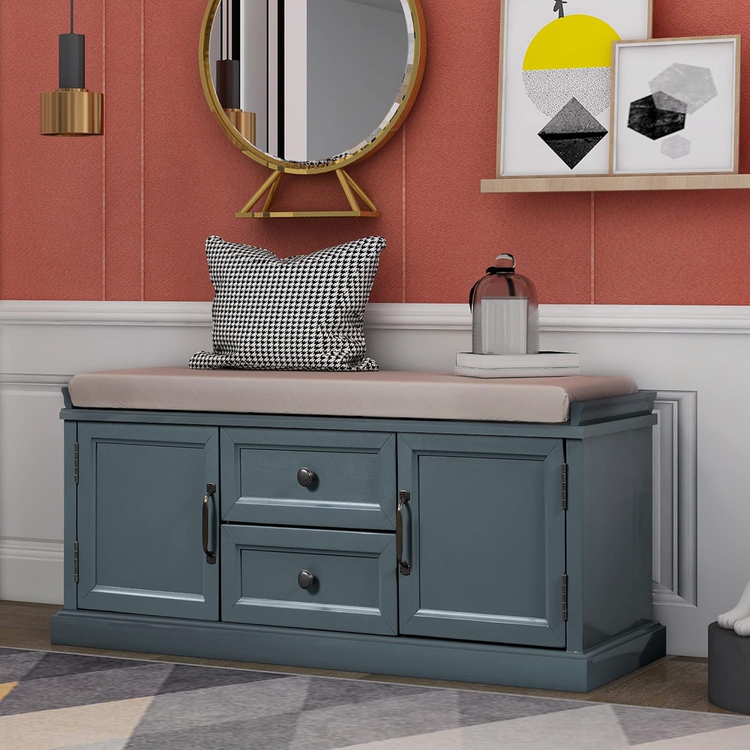 Storage Bench with 2 Drawers and 2 Cabinets, Shoe Bench with Removable Cushion for Living Room, Entryway, Hallway (Blue)