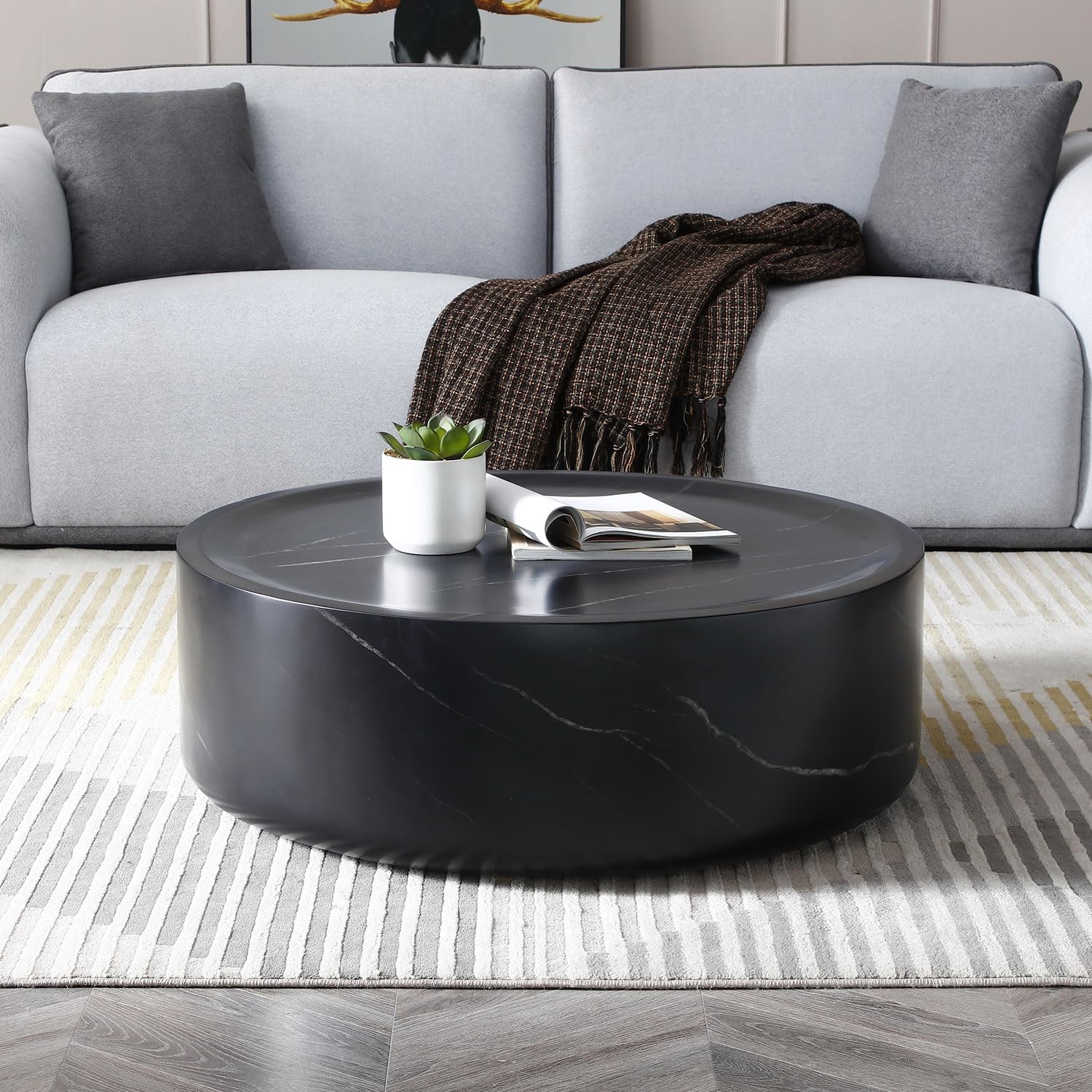 Henf 31.5" Round Marble Coffee Table for Living Room Modern Black Faux Marble Drum Coffee Table Circle Center Table Cocktail Table Sturdy Fiberglass