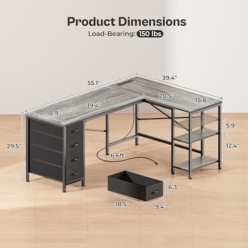 Huuger 63 Inch L Shaped Desk with Fabric Drawers, Reversible Computer Gaming Desk with Power Outlets and USB-C Port, Adjustable Side Storage Shelves