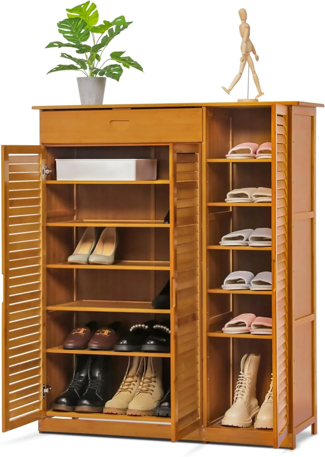 Bamboo Multi-Tier Shoe Storage Cabinet With Drawer & Shutter Door For Narrow Closet, Hallway, Living Room