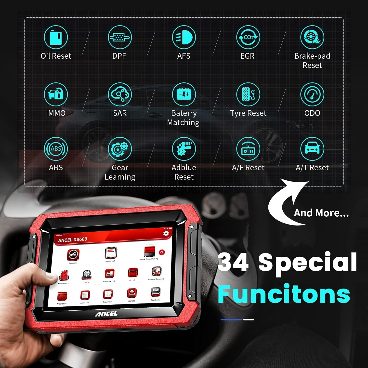 Ancel DS600 Bidirectional Scan Tool, OE-Level OBD2 All System Car Diagnostic Scaner, 34+ Services Code Reader, ECU Coding, Key Programmer