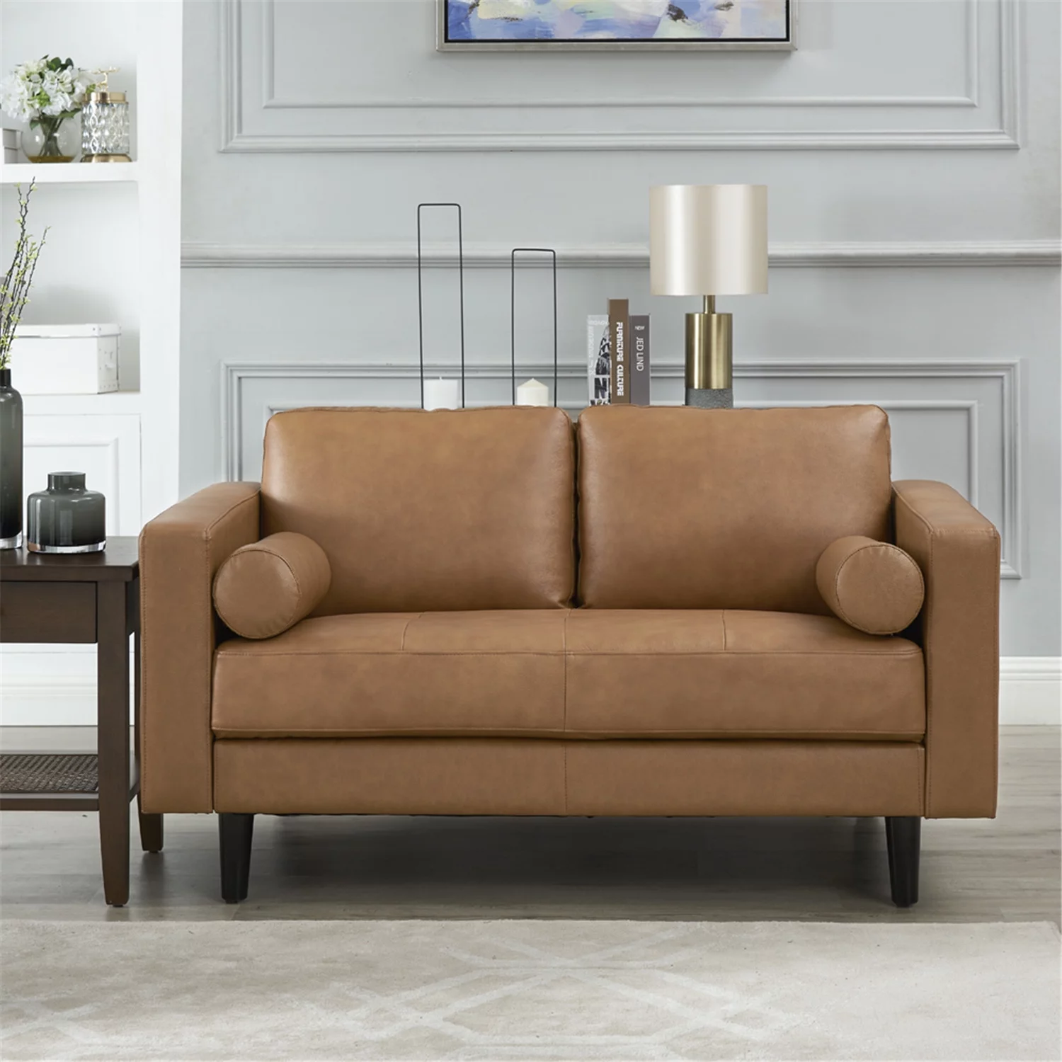 Naomi Home Marisa Top Grain Genuine Leather Mid-Century Sofa Set of 3, Chair/Loveseat/Sofa, Tan