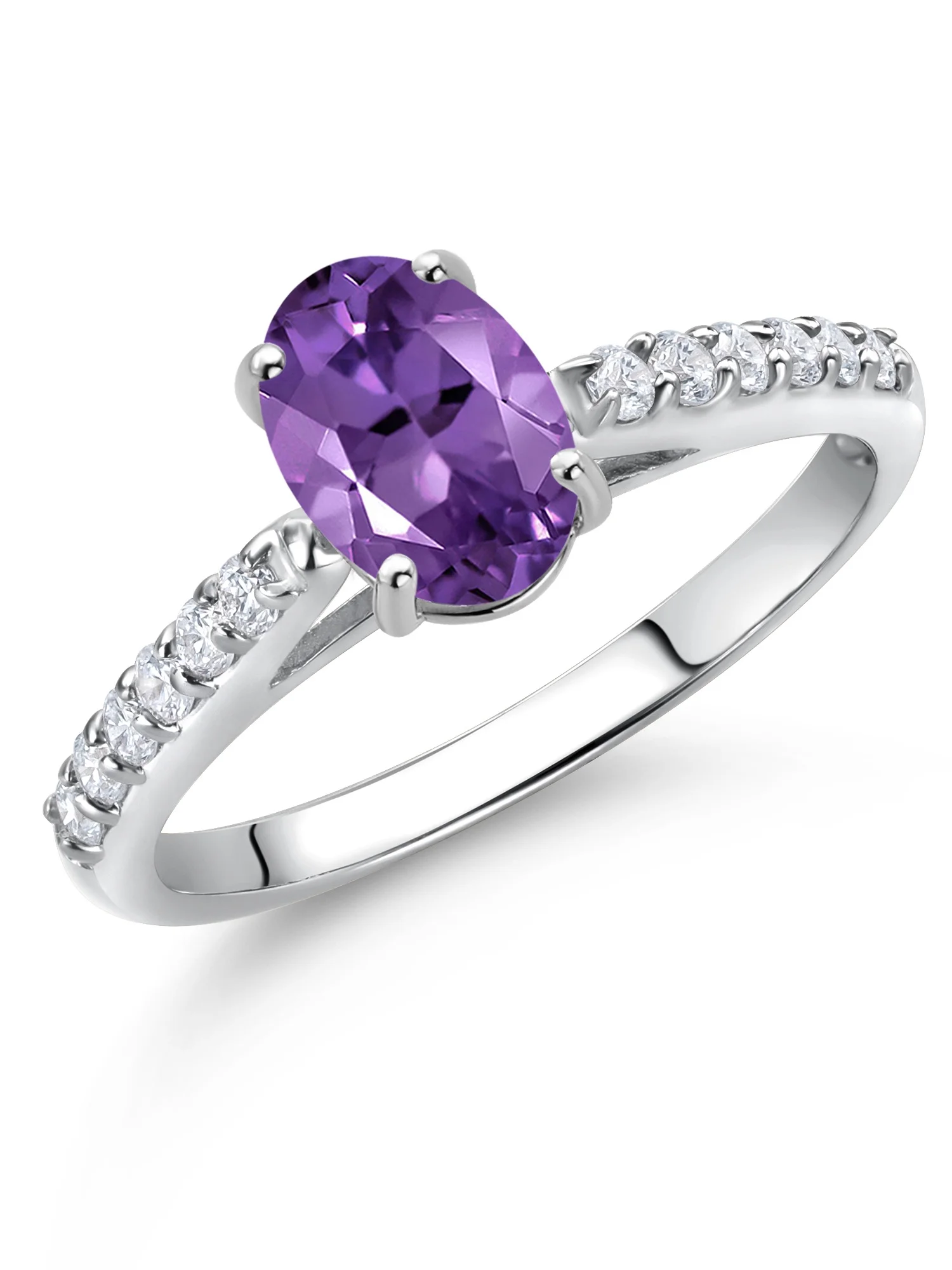 Gem Stone King 10K White Gold Purple Amethyst and White Lab Grown Diamond Engagement Ring For Women (1.33 Cttw, Oval 8X6MM