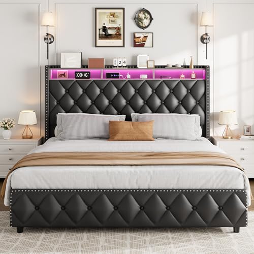 GarveeHome Queen Bed Frame with 50.8" Tall Headboard, Platform Velvet Upholstered Bed Frame with 4 Storage Drawers, USB Charging Station, Led Lights