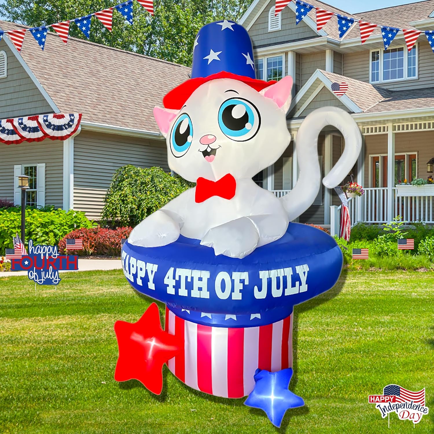 5 FT Patriotic Inflatable Cat 4th of July Inflatables Outdoor Decorations Build-in LED Lights Memorial Day Inflatables Fourth of July Decor for Party