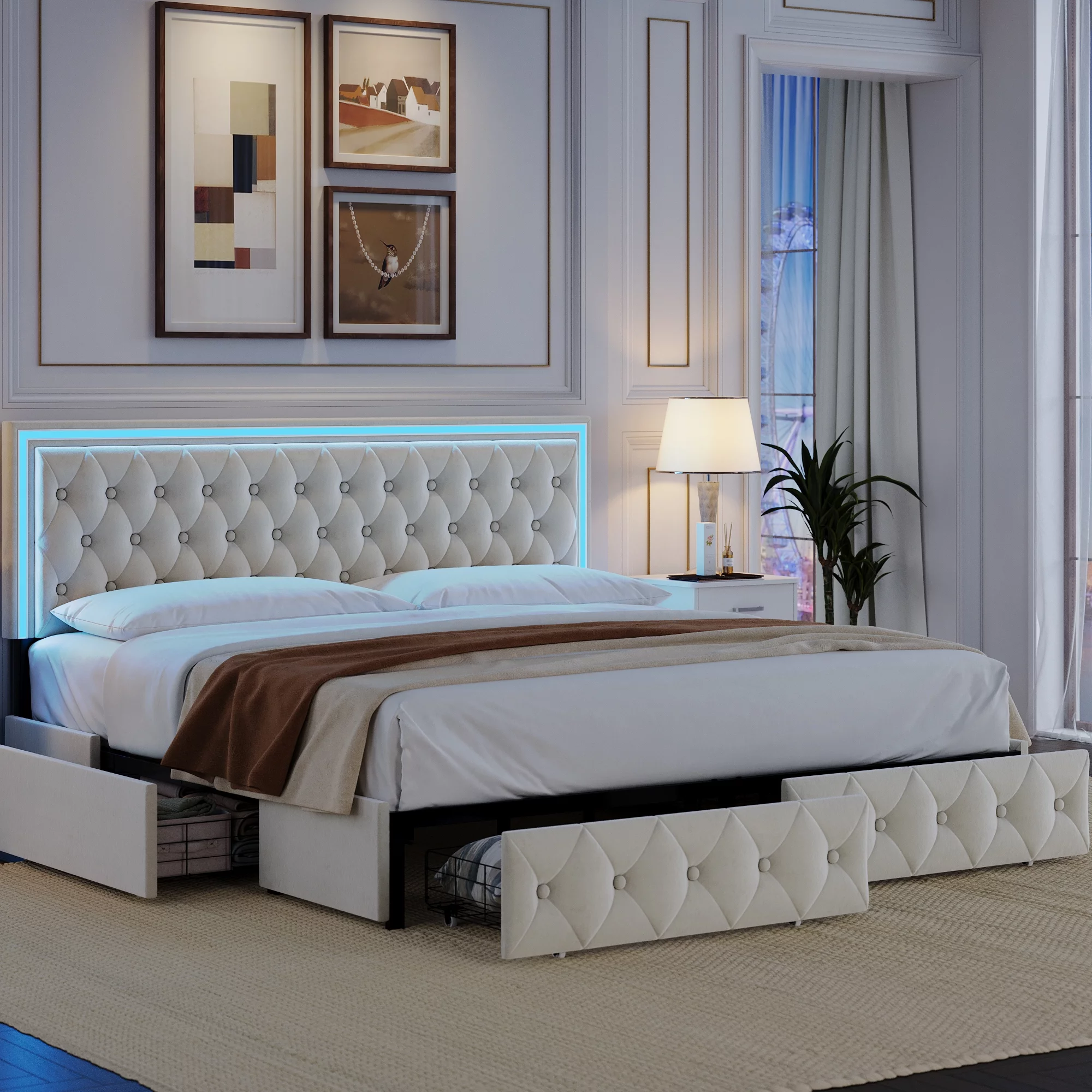 Homfa King LED Bed, 9 Colors LED Lights Platform Bed Frame with 4 Storage Drawers, Adjustable Upholstered Headboard with Button Tufted, Velvet Beige