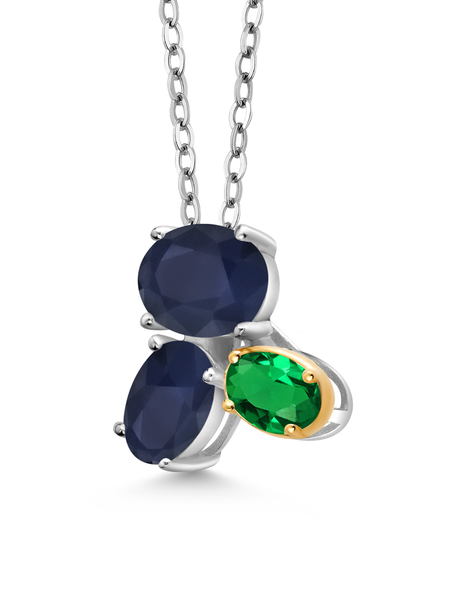 925 Silver and 10K Yellow Gold Blue Sapphire and Green Nano Emerald Pendant Necklace For Women (3.20 Cttw, Oval 8X6MM, 7X5MM and 6X4MM