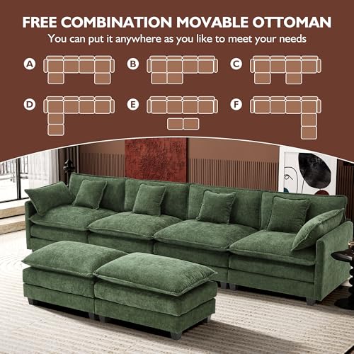 Ihanherry 111.4" U Shaped Modern Cloud Sofa Modular Sectional Couch with 2 Ottoman, 5-Seat Chenille Deep Seat Sofa with Pillow for Living Room