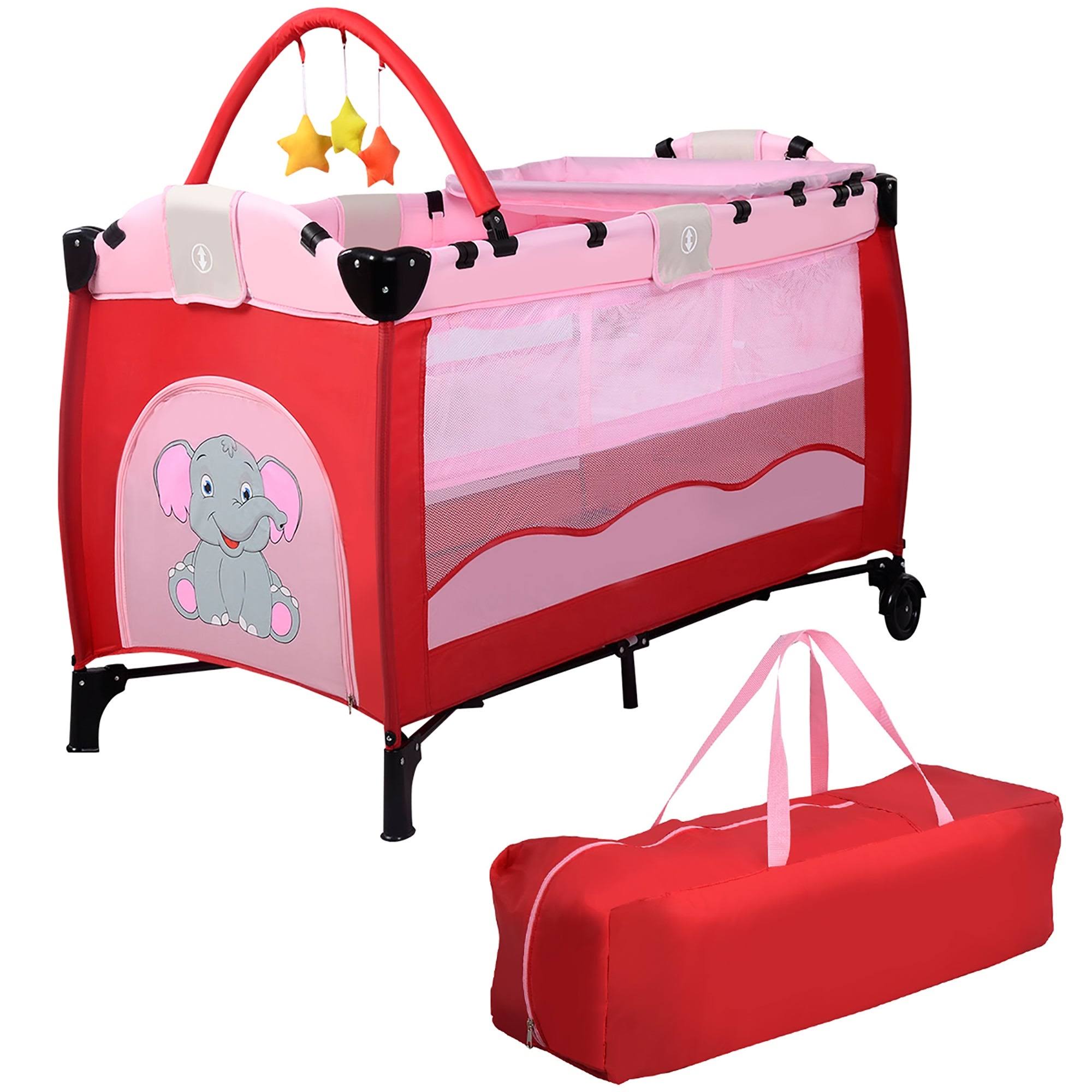 Portable Baby Playard Travel Bassinet Bed with Hanging Toys - Green