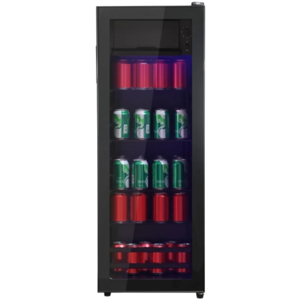 4.5Cu.ft mini fridge, 0.3Cu.ft freezer, up to 94 cans of soda, beer or wine. Silent, high-efficiency and energy-saving compressor, LED lighting