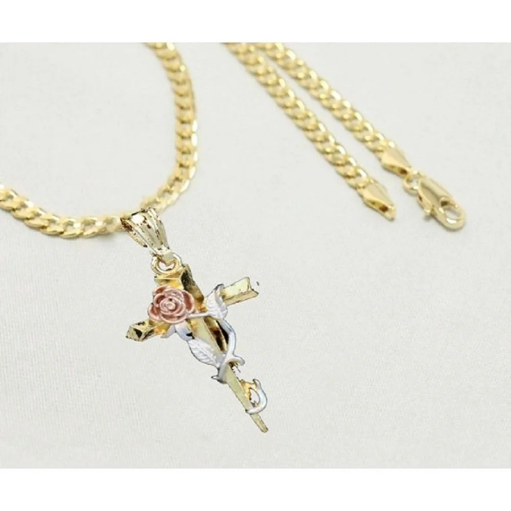 14K Bonded Gold Cuban Chain with Rose Cross Charm, Best Unisex Christmas Gift for Women, Men, Girlfriend, Boyfriend, Her, Bestfriend