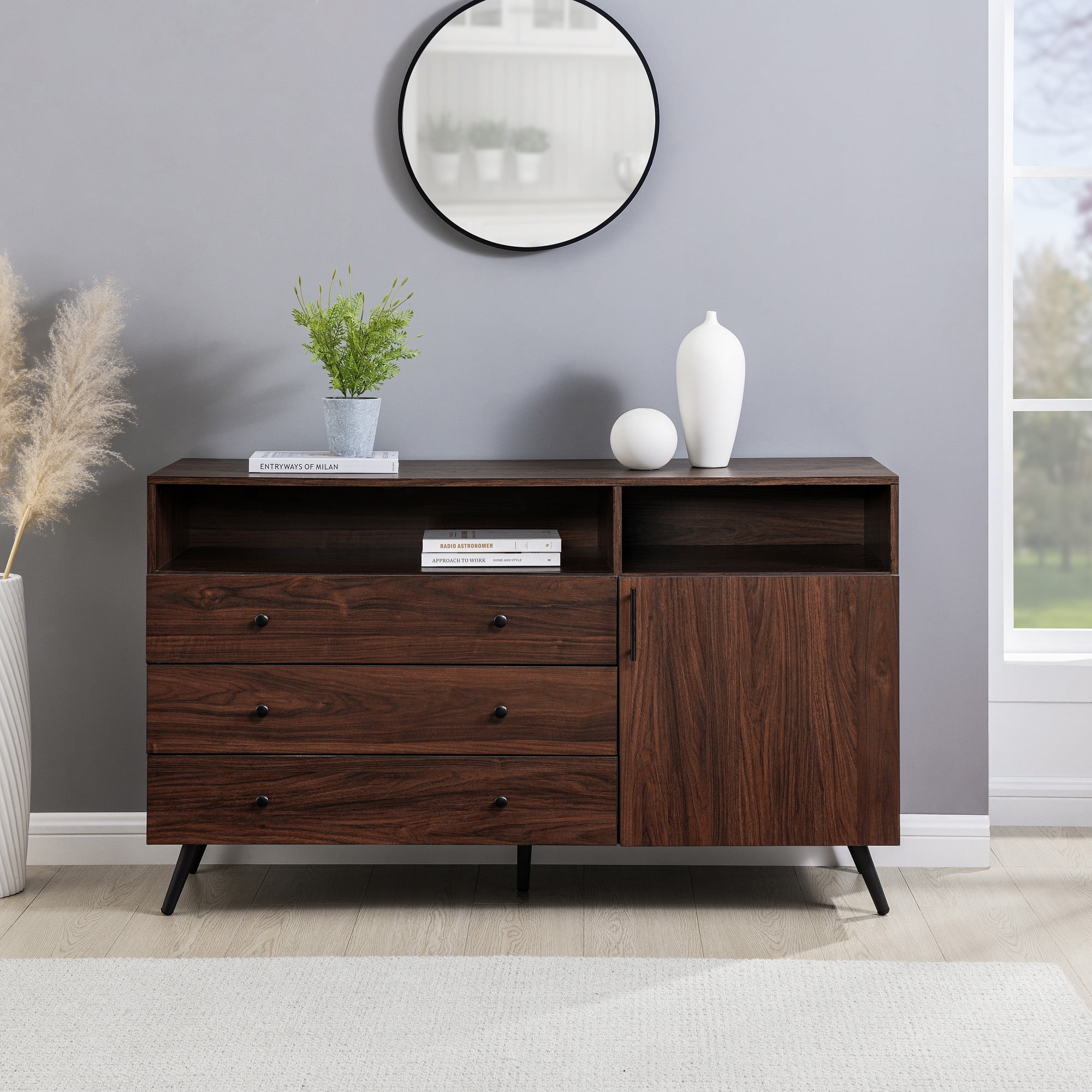 Walker Edison Mid-Century Modern 3-Drawer Sideboard, Dark Walnut
