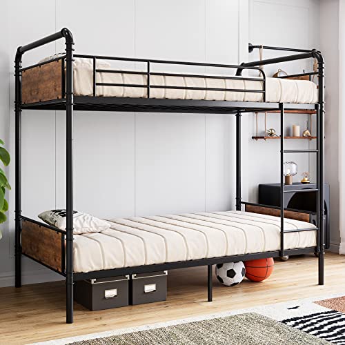 IDEALHOUSE Metal Bunk Bed Twin Over Twin, Twin Bunk Beds, Heavy Duty Twin Size Metal Bunk Bed with High Guardrail & Ladders