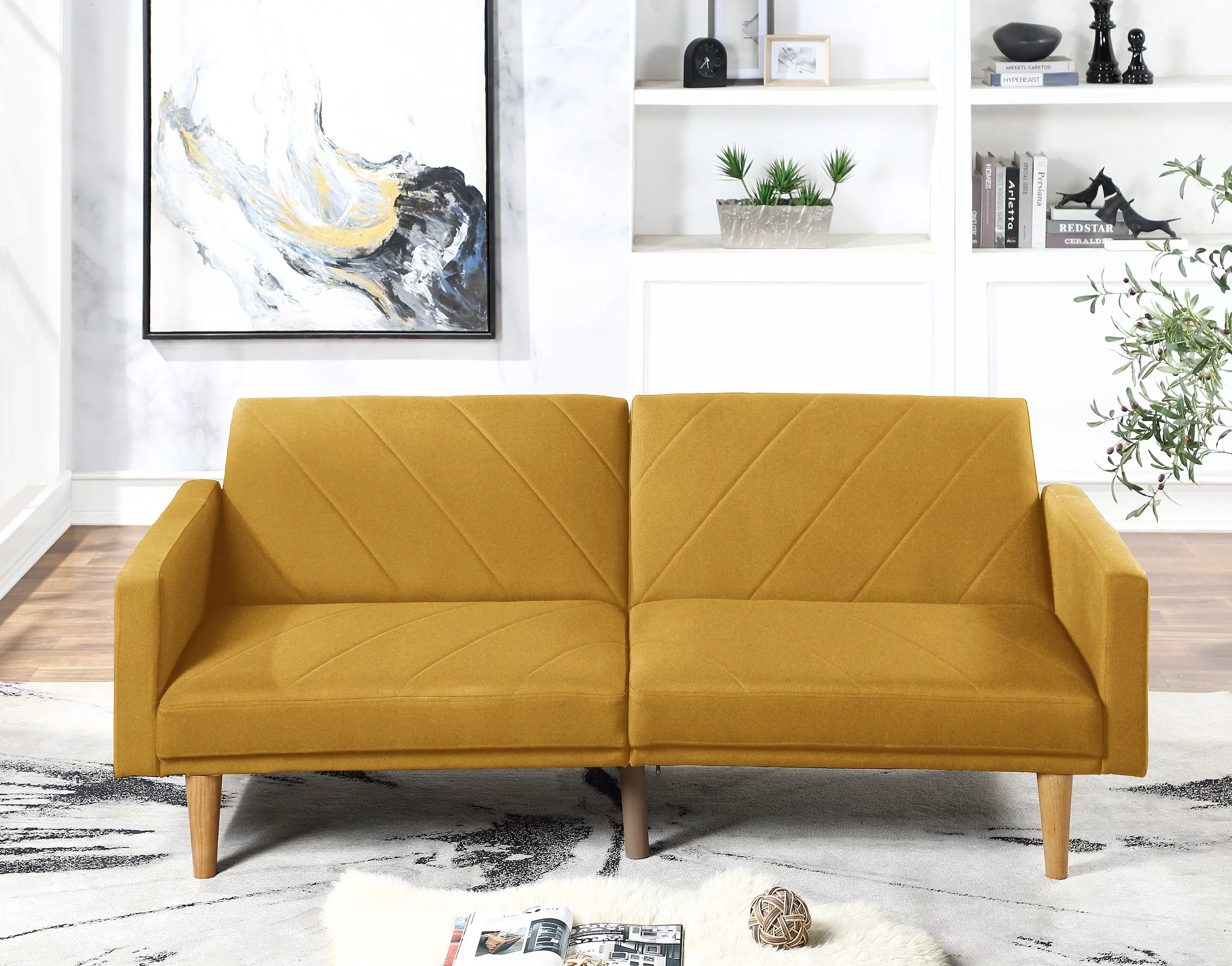 Modern Electric 1pc Convertible Sofa Couch Mustard Color Linen Like Fabric Cushion Clean Lines Wooden Legs Living Room