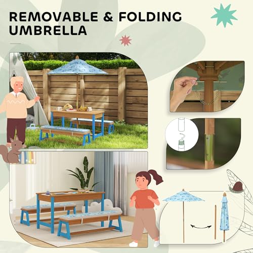 Qaba Kids Picnic Table, Wooden Table and Bench Set with Foldable Umbrella, Removable Cushions & Boxes