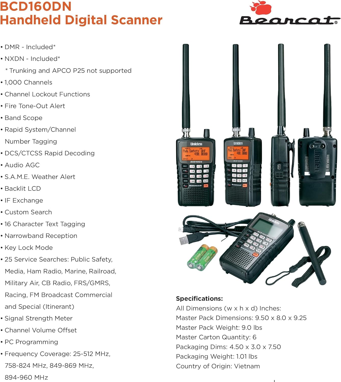 Uniden Bearcat BCD160DN Handheld Digital Scanner, Exclusive Features, Band Scope Rapid System/Channel Number Tagging, Narrow-Band Reception