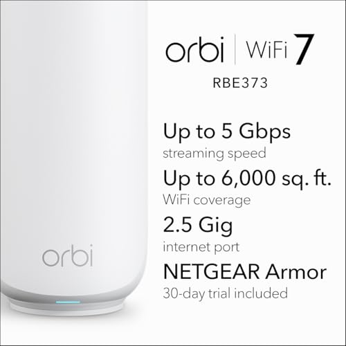 NETGEAR Orbi 370 Series Dual-Band WiFi 7 Mesh Network System for Home (RBE373) &ndash; Wireless Router + 2 Extenders, Security Features, 5 Gbps