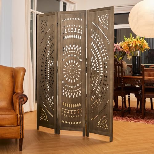 66.9Inch Folding Room Divider, 6 Panels Wood Carved Privacy Screens