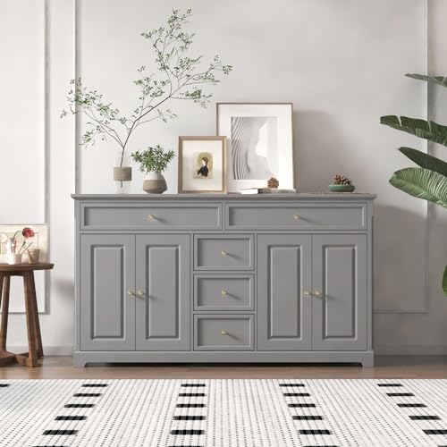 FAMAPY Sideboard Credenza with 5 Drawers, Sideboard Buffet Cabinet with 4 Doors, White Buffet Cabinet with Gold Knobs, Home Bar Cabinet