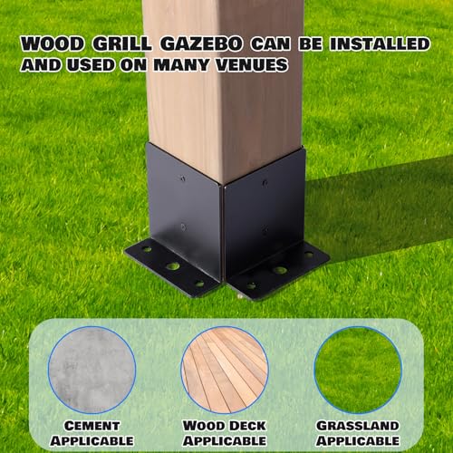 8x6 FT Wood Grill Gazebos, BBQ Wooden Gazebo with Hardtop Sloping Steel Roof, Wood Outdoor Pavilion with 2 Side Storage Shelves