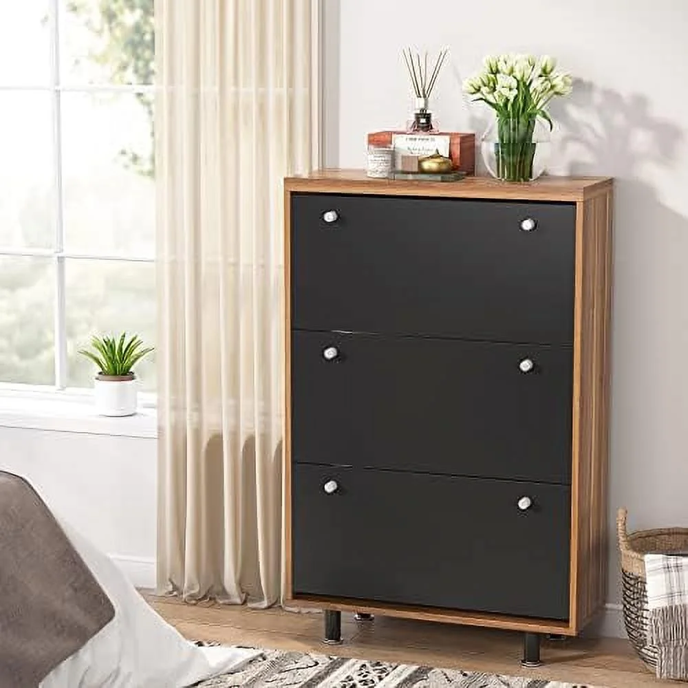 HOOMHIBIU 3 Drawer Shoe Cabinet  Freestanding Shoe Rack  Organizer with Flip Door  Modern Tipping Bucket Shoe Cabinet for Entryway  Hallway  Bedroom