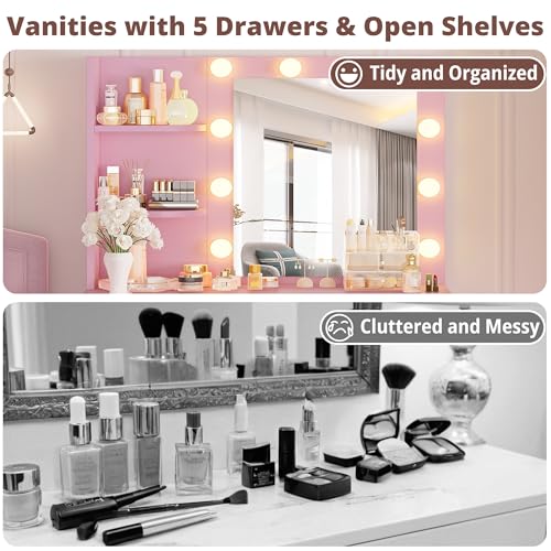 IRONCK Vanity Desk with Mirror and Lights, Small Makeup Vanity Table with 5 Drawers, Power Outlet, and Vanity Stool, 3 Lighting Colors