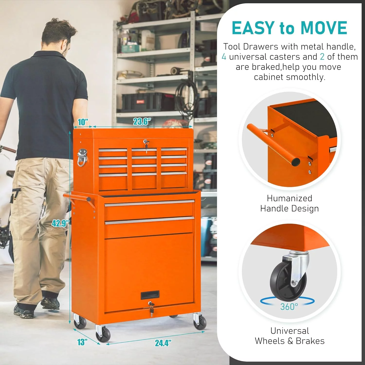 2-IN-1  Tool Chest & Cabinet, Large Capacity 8-Drawer Rolling Tool Box Organizer with Wheels Lockable Craft, Black