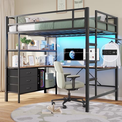 DICTAC Loft Bed Full Size with L-Shaped Desk and Charging Station Full Metal Bed Frame with LED Lights,Open Shelves and 3 Fabric Storage Drawers
