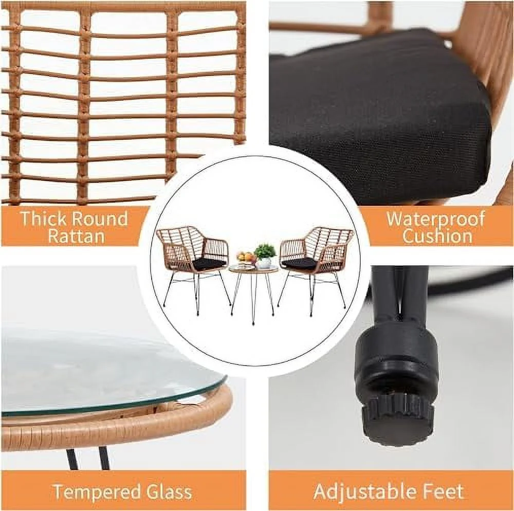 KHBIULIFE 3 Pieces Wicker Patio Bistro  Set  Includes 2 Chairs and Glass Top Table  Ideal for Porch  Outdoor  Backyard  Apartment  Balcony Black Color