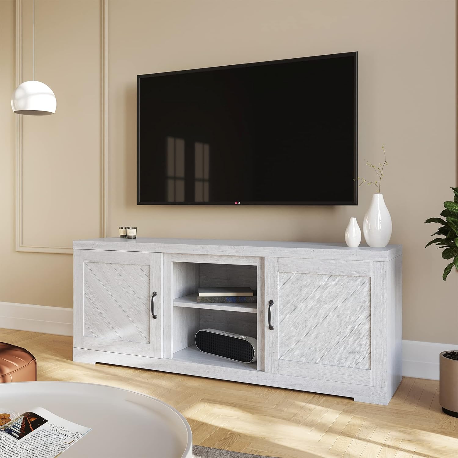 BELLEZE Modern Farmhouse Electric Fireplace TV Stand & Media Entertainment Center Console Table for TVs up to 65 Inch with Storage Cabinets and