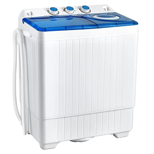 COSTWAY Portable Washing Machine, Twin Tub 26lbs Capacity Laundry Washer, 18lbs Washer and 8lbs Spinner Combo with Timer Knobs, Built-in Drain Pump