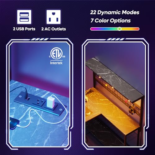 Bestier 42 L Gaming Desk,Computer Desk with Power Outlets, LED Lights, Reversible Corner Desk with 4-Tier Shelves,Cup Holder & Hook Carbon Fiber Black