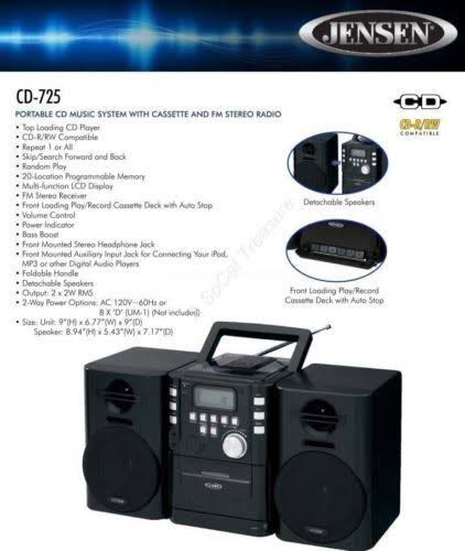 Jensen Portable CD Music System with Cassette u0026 FM Stereo Cd-725