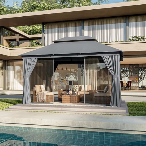 AOXUN Outdoor Gazebo for Patio 10x12, Metal Frame Canopy with Double Roofs
