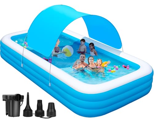 Large Inflatable Pool with Canopy - 145'' x 74'' x 22'' Oversized Thickened Blow Up Pool for Family