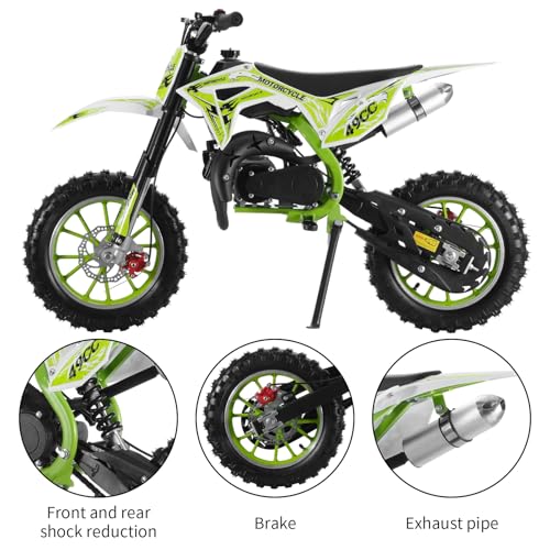 49cc Kids Dirt Bike, 2-Stroke Gas Powered Mini Motocross Motorcycle, Off-Road Dirtbike for Kids 5-14 with Front/Rear Disc Brakes, Shock Absorption