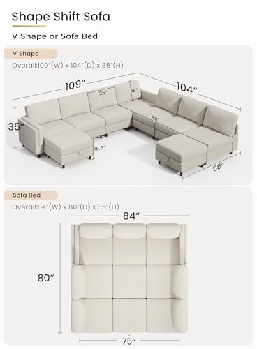 KKL Modular Sectional Sofa Bed with Storage Ottoman, Convertible L/U-Shaped Sleeper Couch for Living Room, Modern Reversible Design, Beige